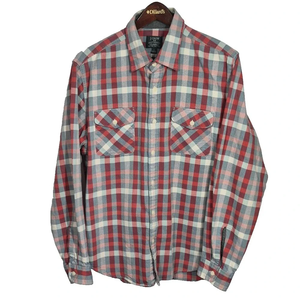 J Crew Shirt Mens‎ Large Red Blue Plaid Heavyweight Flannel Button Up Casual